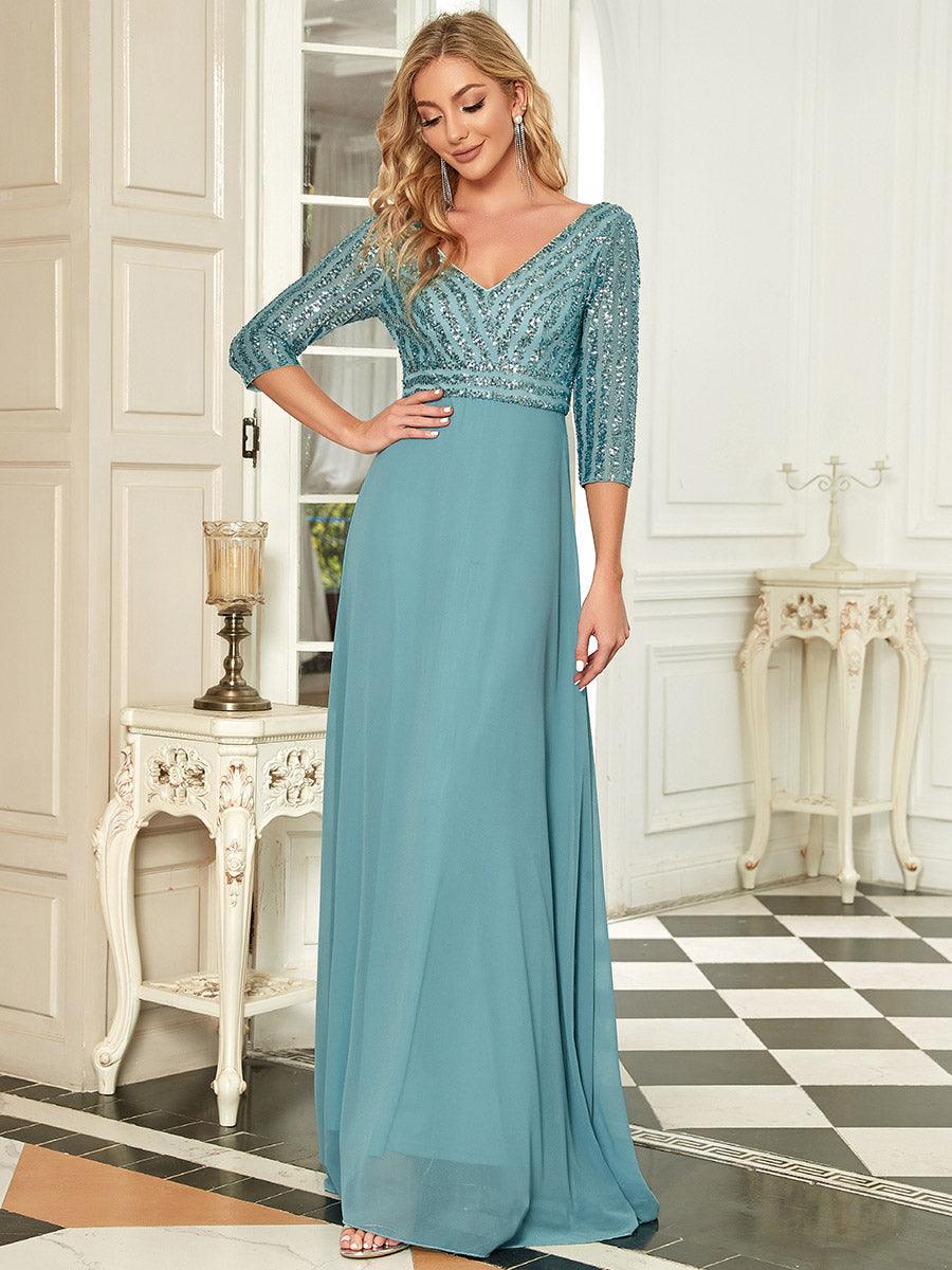 Taille personnalisée Robe de Soirée Longue Col en V et Paillettes #Couleur_Bleu Marine Taille personnalisée Robe de Soirée Longue Col en V et Paillettes