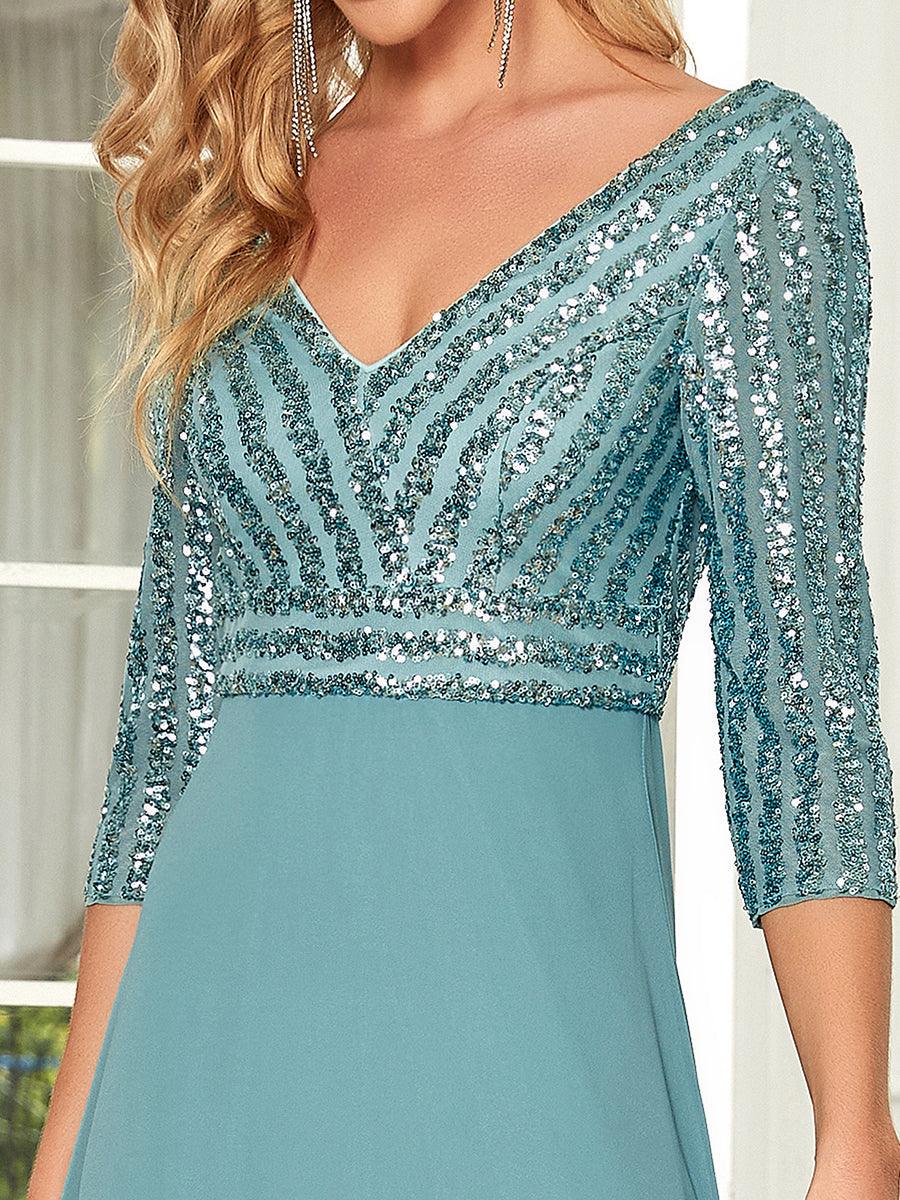Taille personnalisée Robe de Soirée Longue Col en V et Paillettes #Couleur_Bleu Marine Taille personnalisée Robe de Soirée Longue Col en V et Paillettes