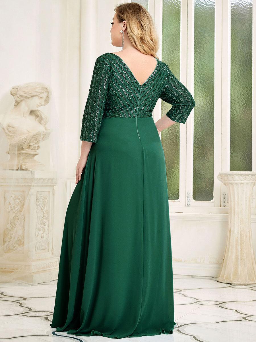 Robe de soirée à paillettes, col V, taille plus, avec manches, décolleté en A #Couleur_Vert Fonce