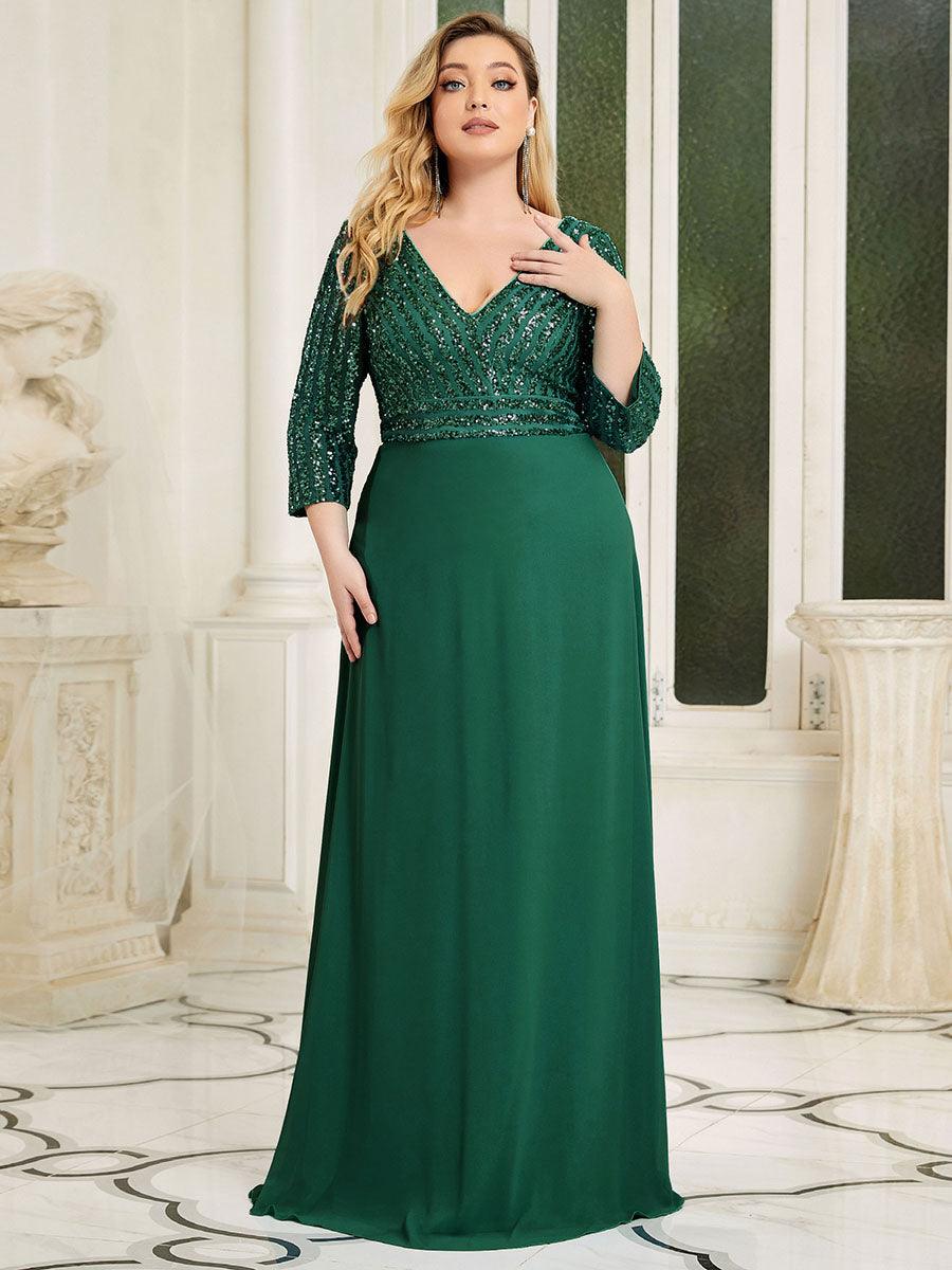 Robe de soirée à paillettes, col V, taille plus, avec manches, décolleté en A #Couleur_Vert Fonce