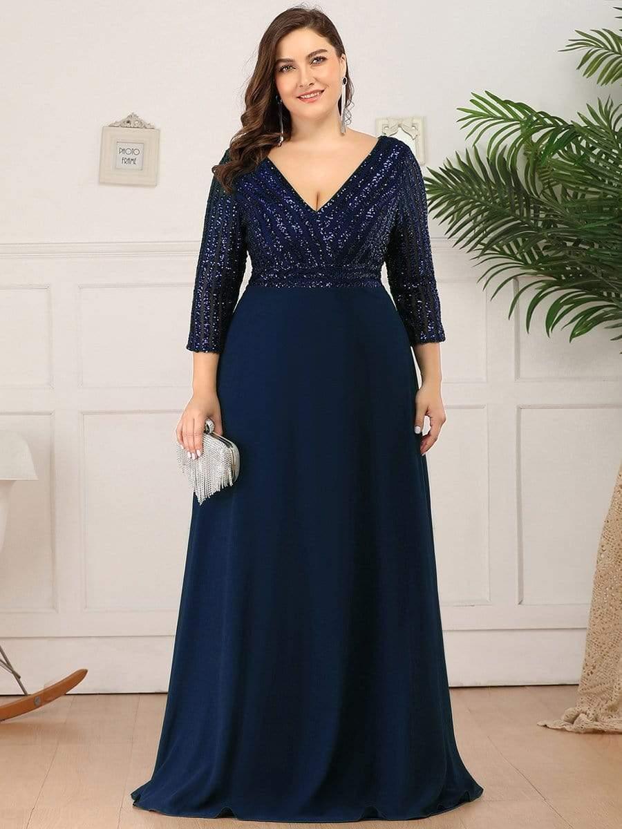 Taille personnalisée Robe de Soirée Longue Col en V et Paillettes #Couleur_Bleu Marine Taille personnalisée Robe de Soirée Longue Col en V et Paillettes