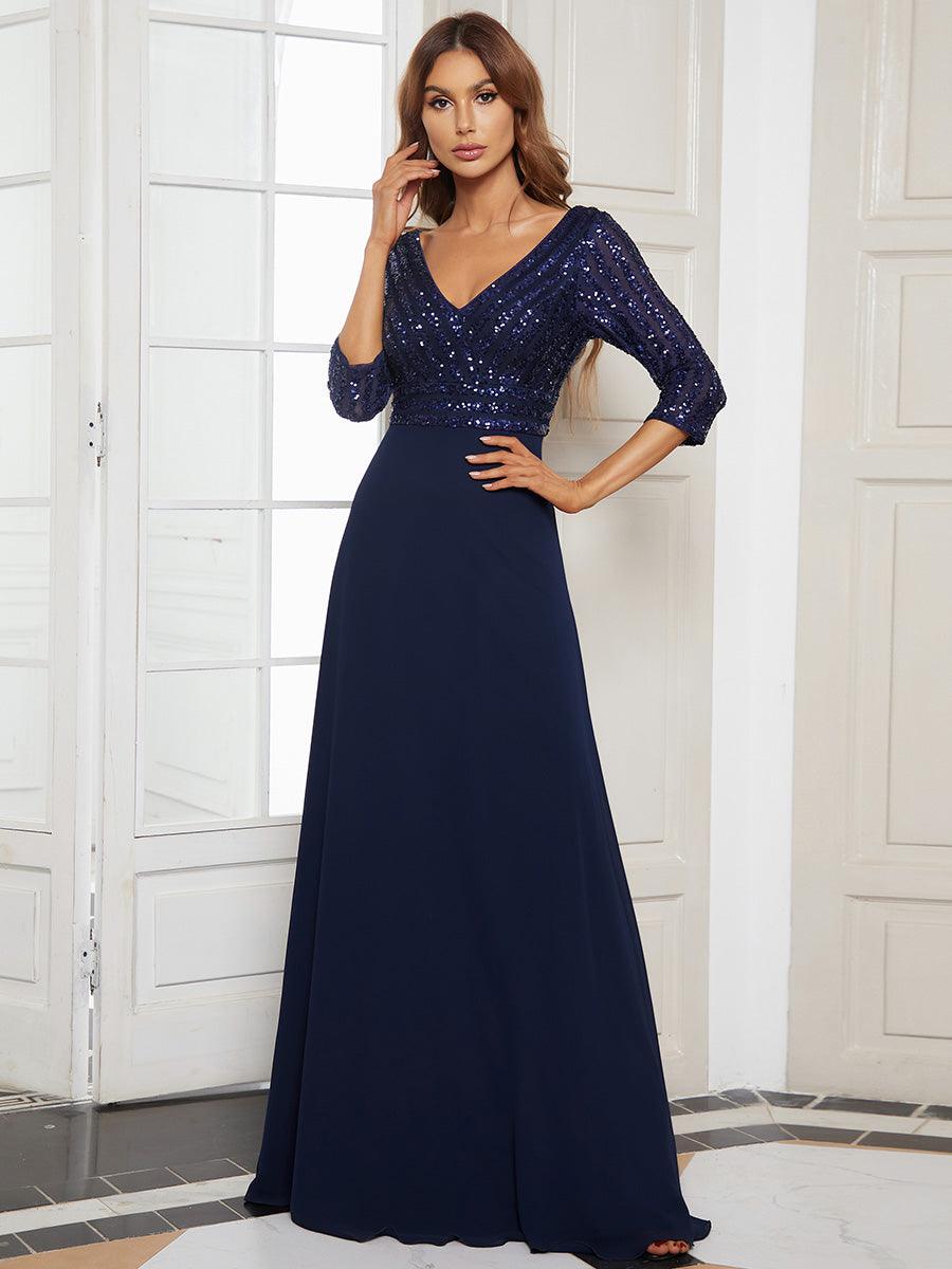 Taille personnalisée Robe de Soirée Longue Col en V et Paillettes #Couleur_Bleu Marine Taille personnalisée Robe de Soirée Longue Col en V et Paillettes