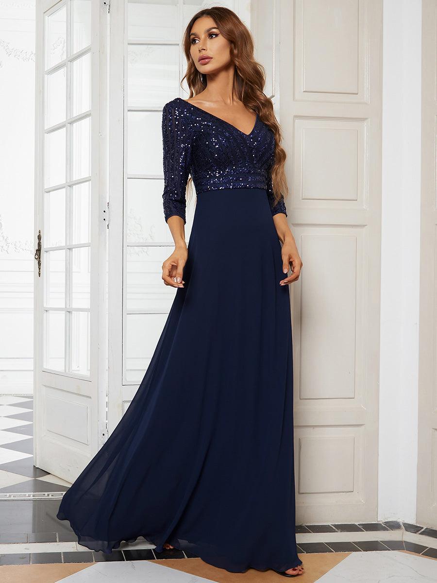 Taille personnalisée Robe de Soirée Longue Col en V et Paillettes #Couleur_Bleu Marine Taille personnalisée Robe de Soirée Longue Col en V et Paillettes