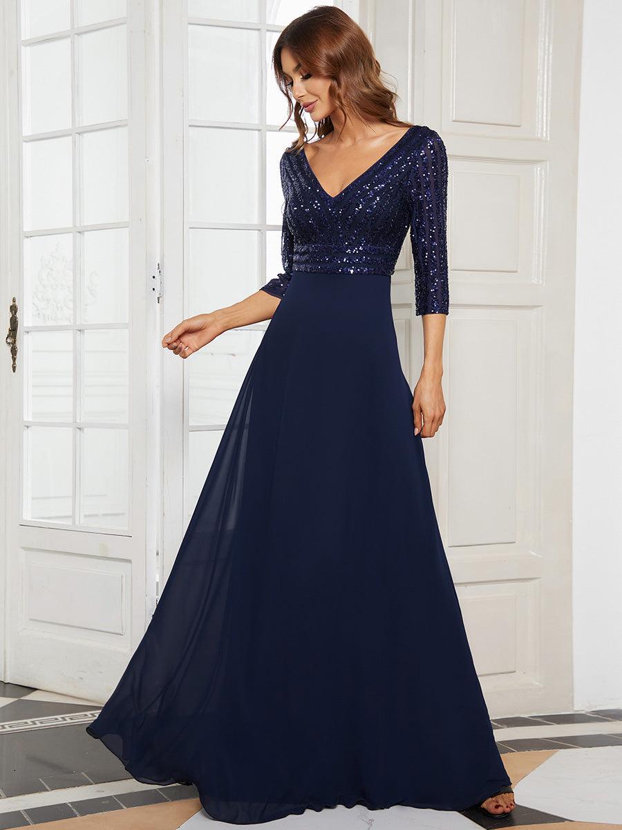 Taille personnalisée Robe de Soirée Longue Col en V et Paillettes #Couleur_Bleu Marine Taille personnalisée Robe de Soirée Longue Col en V et Paillettes