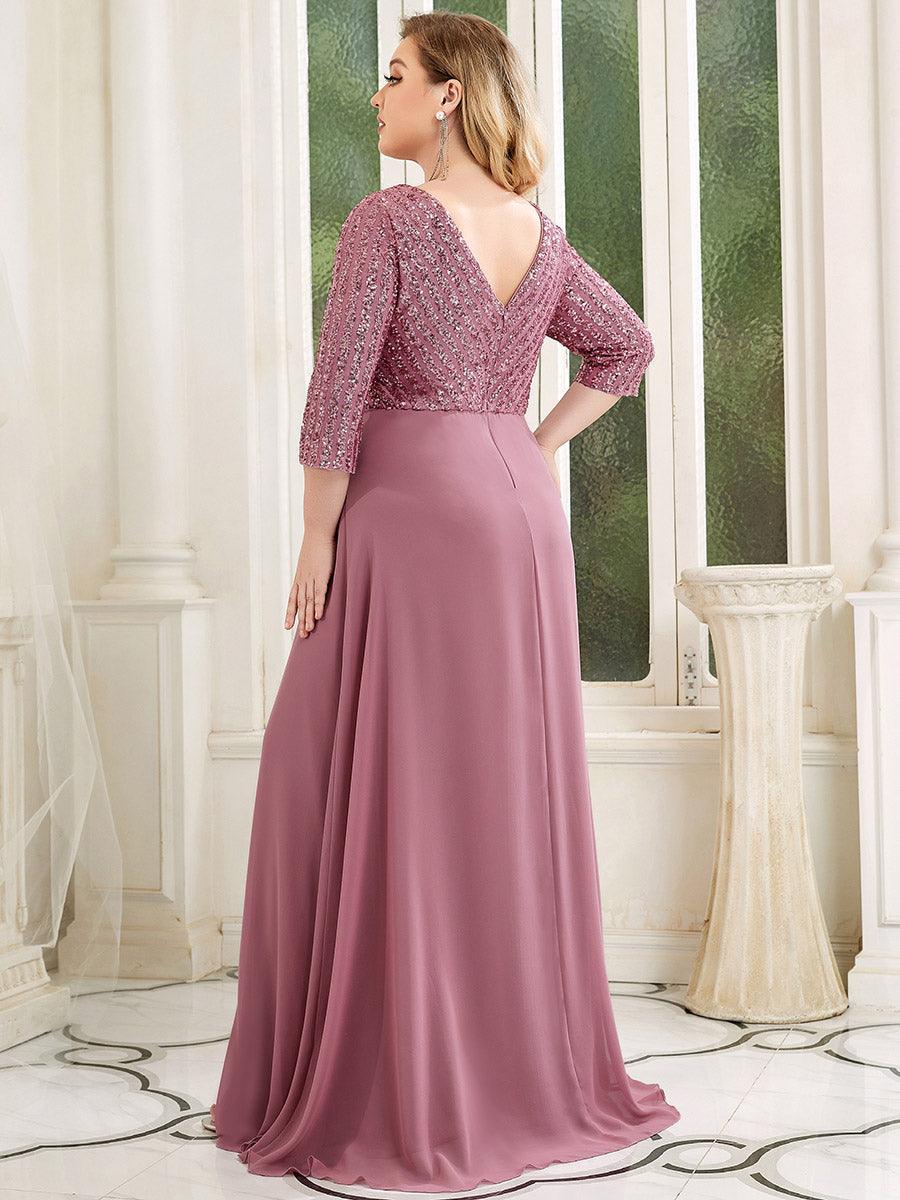 Robe de soirée à paillettes, col V, taille plus, avec manches, décolleté en A #Couleur_Orchidee