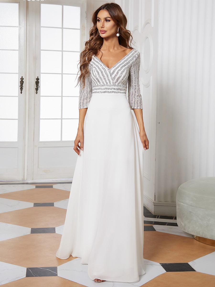 Taille personnalisée Robe de Soirée Longue Col en V et Paillettes #Couleur_Bleu Marine Taille personnalisée Robe de Soirée Longue Col en V et Paillettes