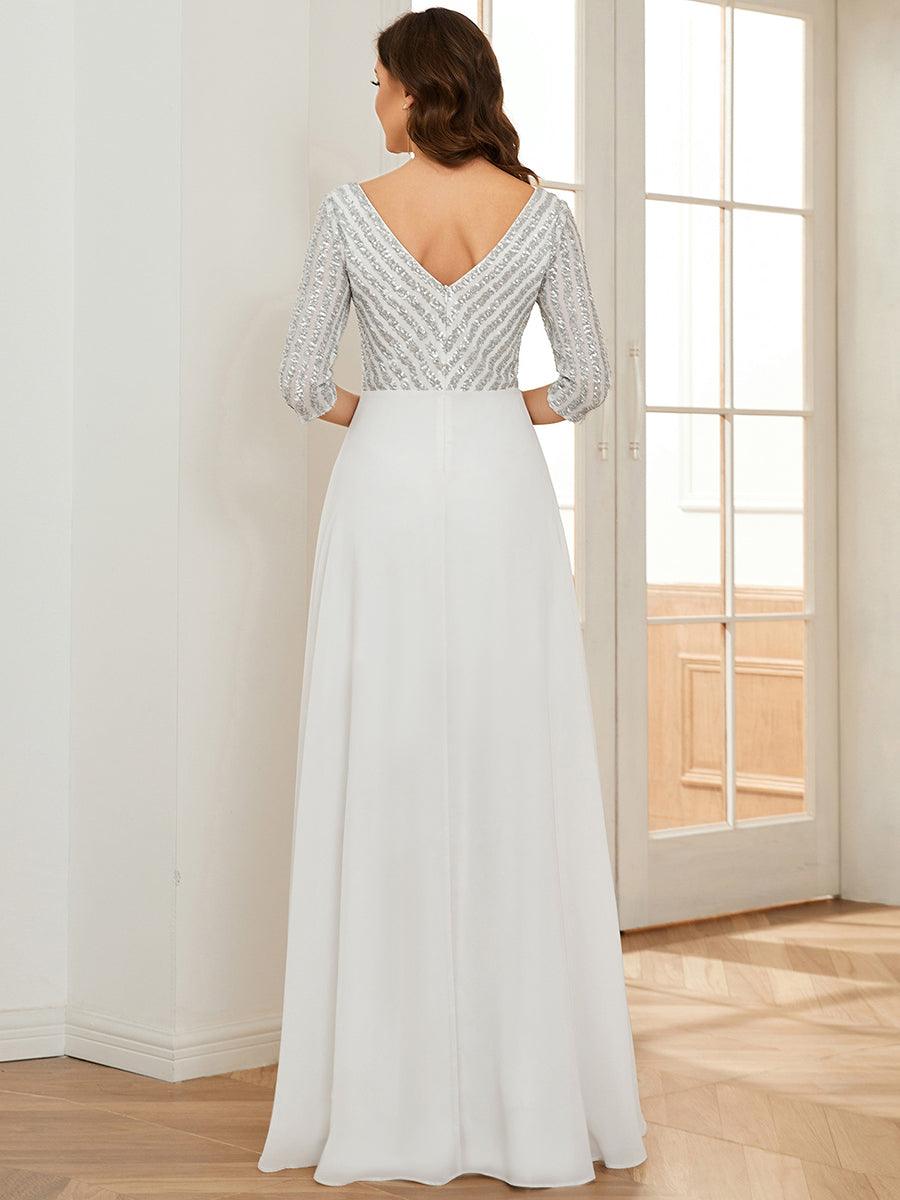 Robe de Soirée Longue Sexy à Col en V et Paillettes avec Manches 3/4 #Couleur_Blanc