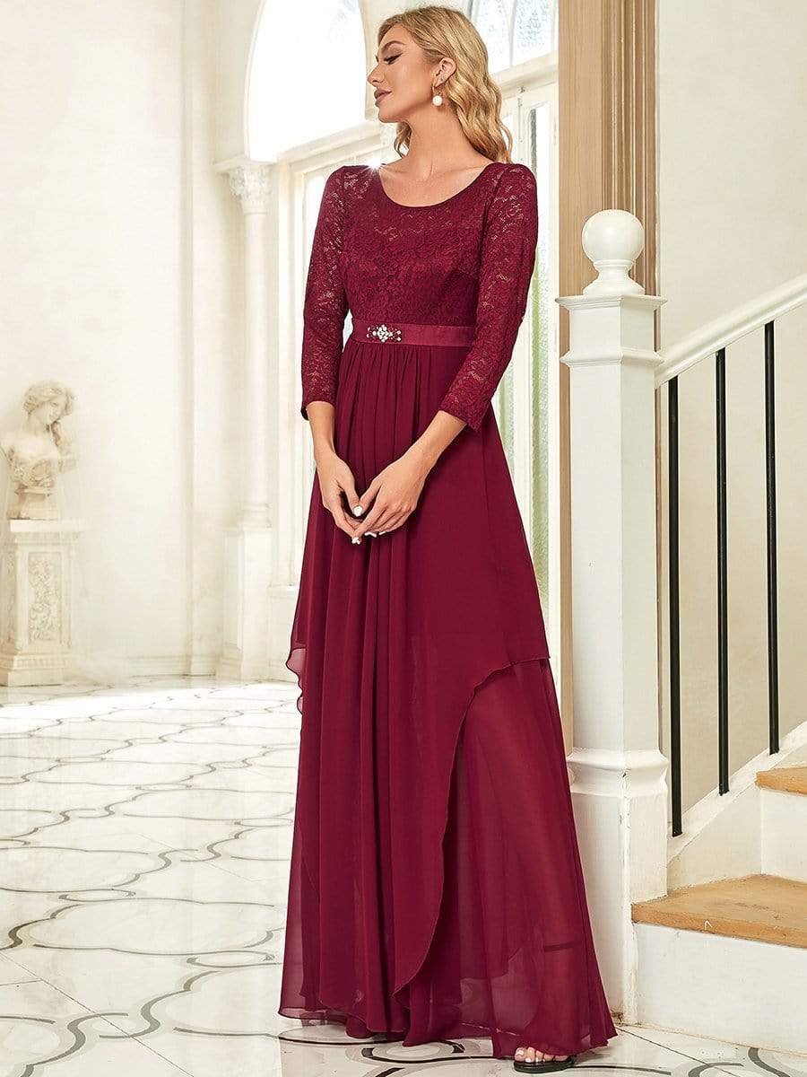 Dentelle Manches 3/4 Étage Longueur Robes Mère de la Mariée #Couleur_Bordeaux Dentelle Manches 3/4 Étage Longueur Robes Mère de la Mariée