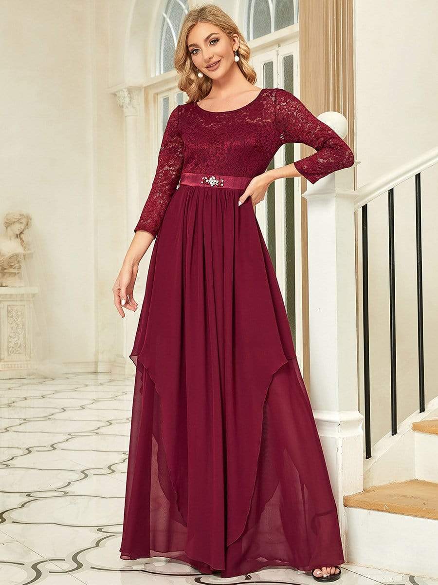 Dentelle Manches 3/4 Étage Longueur Robes Mère de la Mariée #Couleur_Bordeaux Dentelle Manches 3/4 Étage Longueur Robes Mère de la Mariée