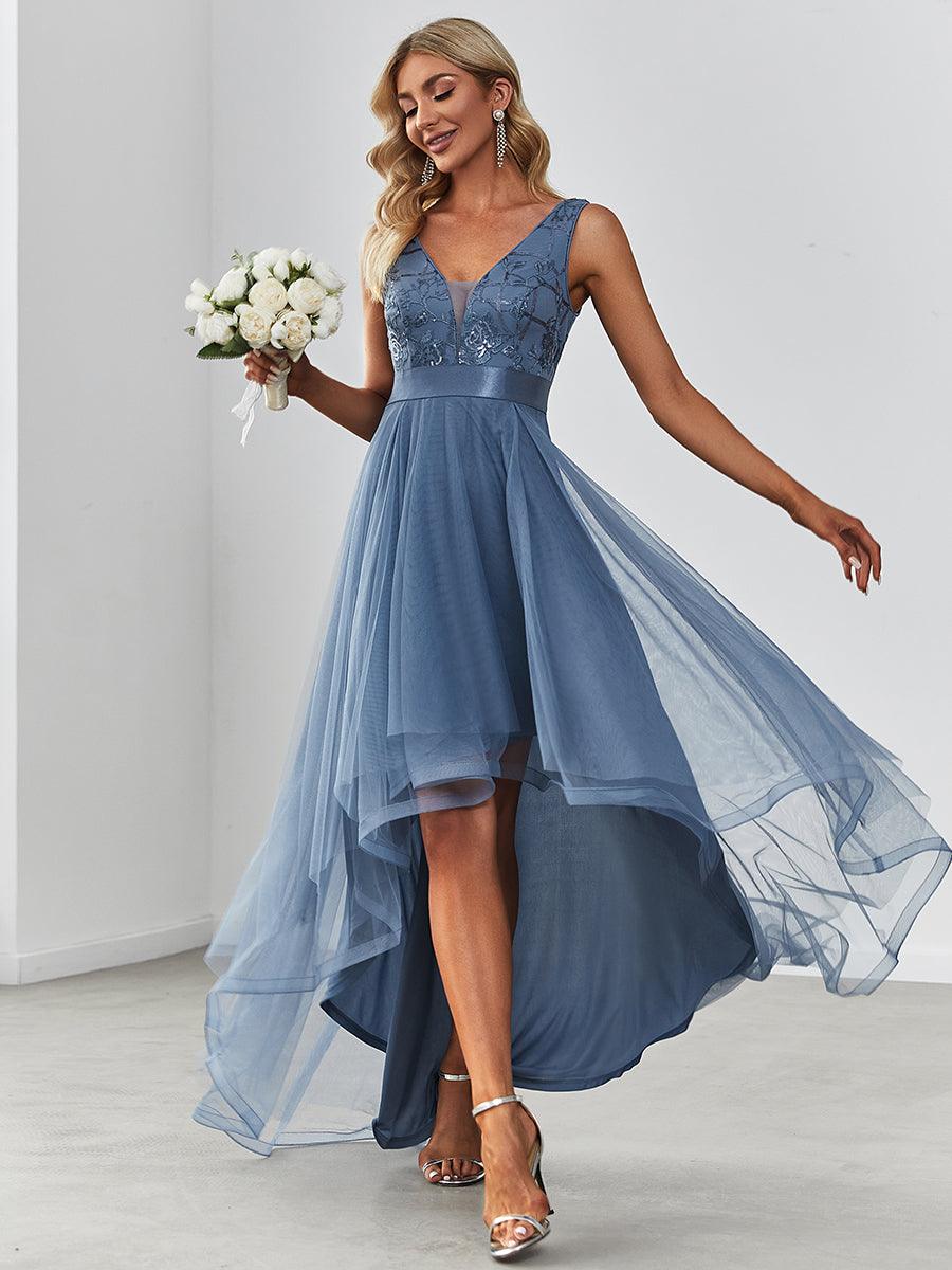 Taille personnalisée Robes de bal Tulle Paillettes High Low Asymétrique #Couleur_Bleu Marine Taille personnalisée Robes de bal Tulle Paillettes High Low Asymétrique