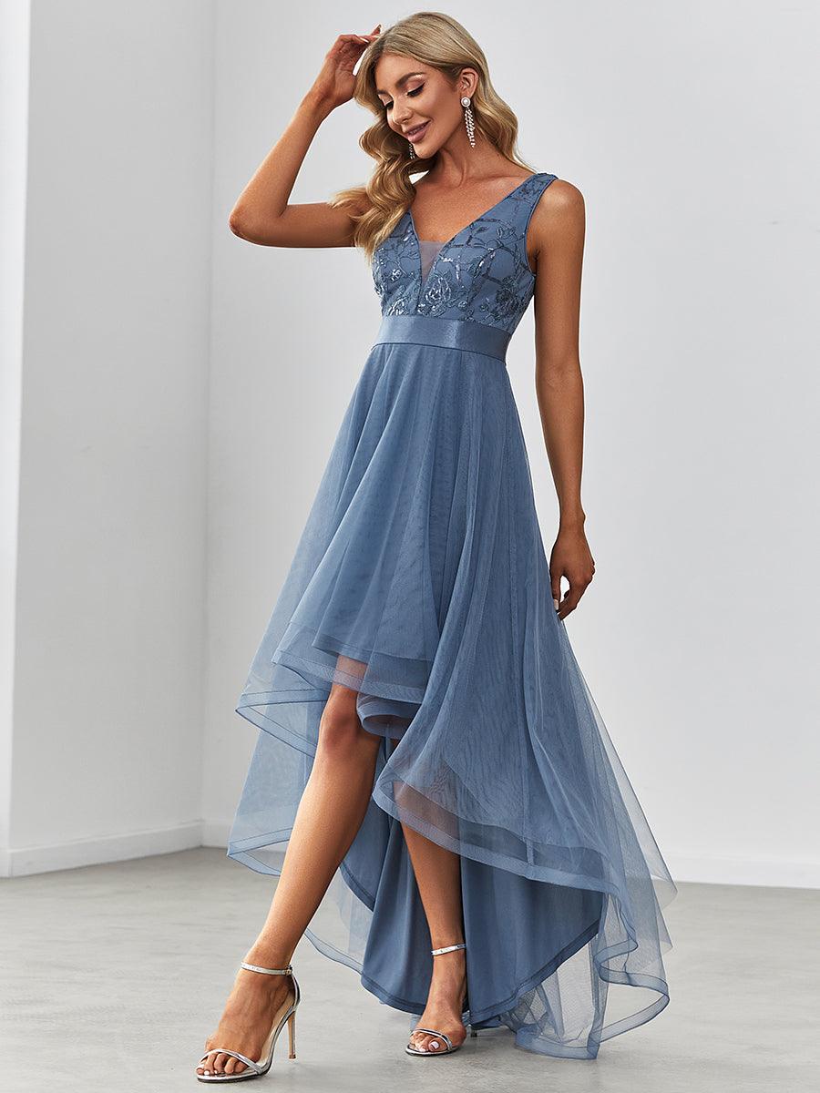 Taille personnalisée Robes de bal Tulle Paillettes High Low Asymétrique #Couleur_Bleu Marine Taille personnalisée Robes de bal Tulle Paillettes High Low Asymétrique