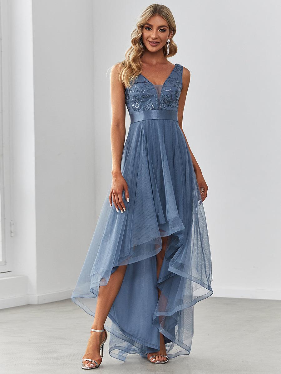Taille personnalisée Robes de bal Tulle Paillettes High Low Asymétrique #Couleur_Bleu Marine Taille personnalisée Robes de bal Tulle Paillettes High Low Asymétrique