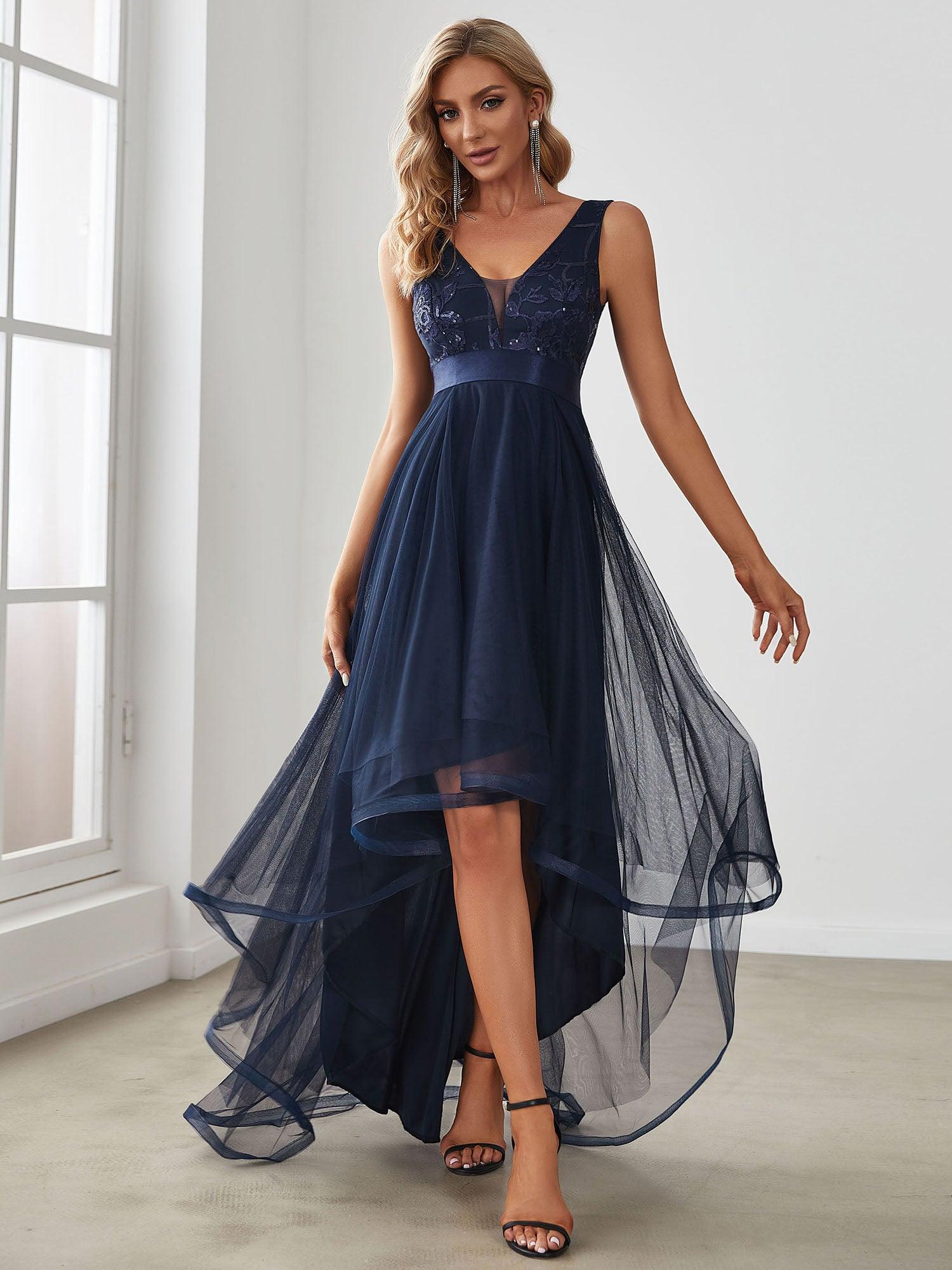 Taille personnalisée Robes de bal Tulle Paillettes High Low Asymétrique #Couleur_Bleu Marine Taille personnalisée Robes de bal Tulle Paillettes High Low Asymétrique