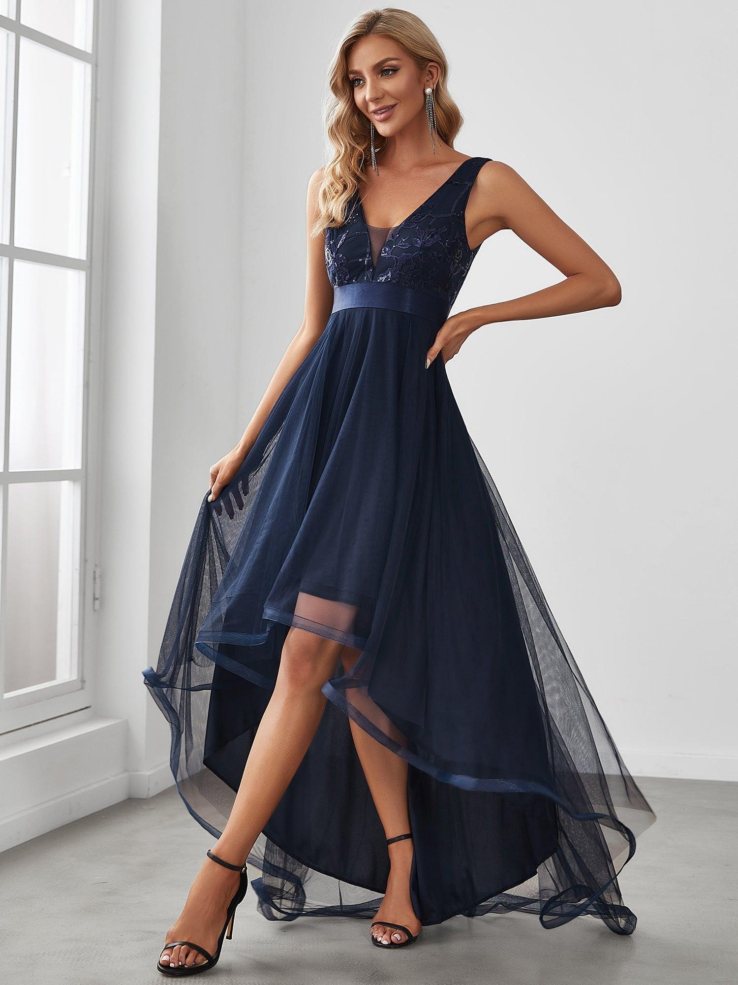 Taille personnalisée Robes de bal Tulle Paillettes High Low Asymétrique #Couleur_Bleu Marine Taille personnalisée Robes de bal Tulle Paillettes High Low Asymétrique