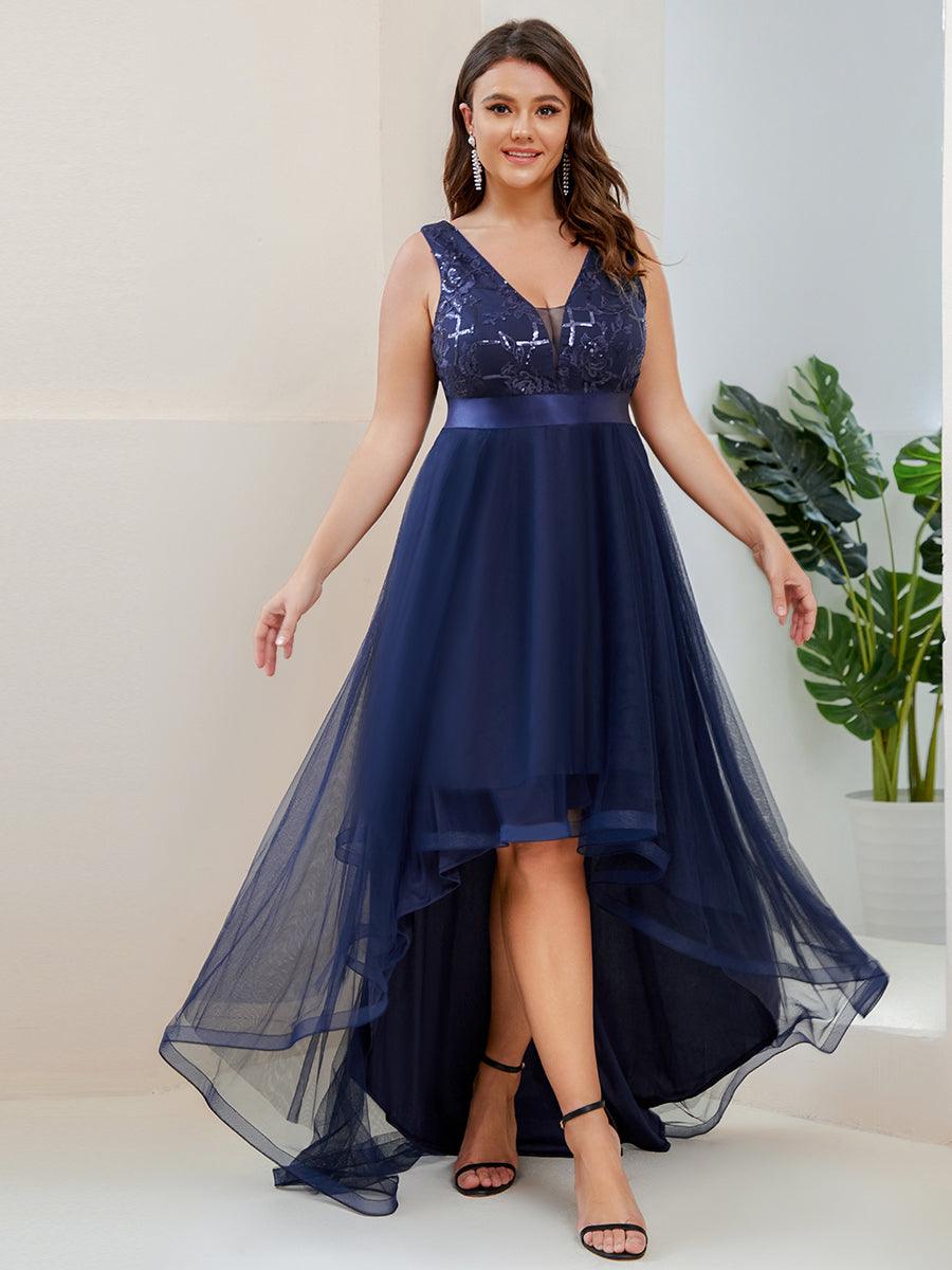 Taille personnalisée Robes de bal Tulle Paillettes High Low Asymétrique #Couleur_Bleu Marine Taille personnalisée Robes de bal Tulle Paillettes High Low Asymétrique