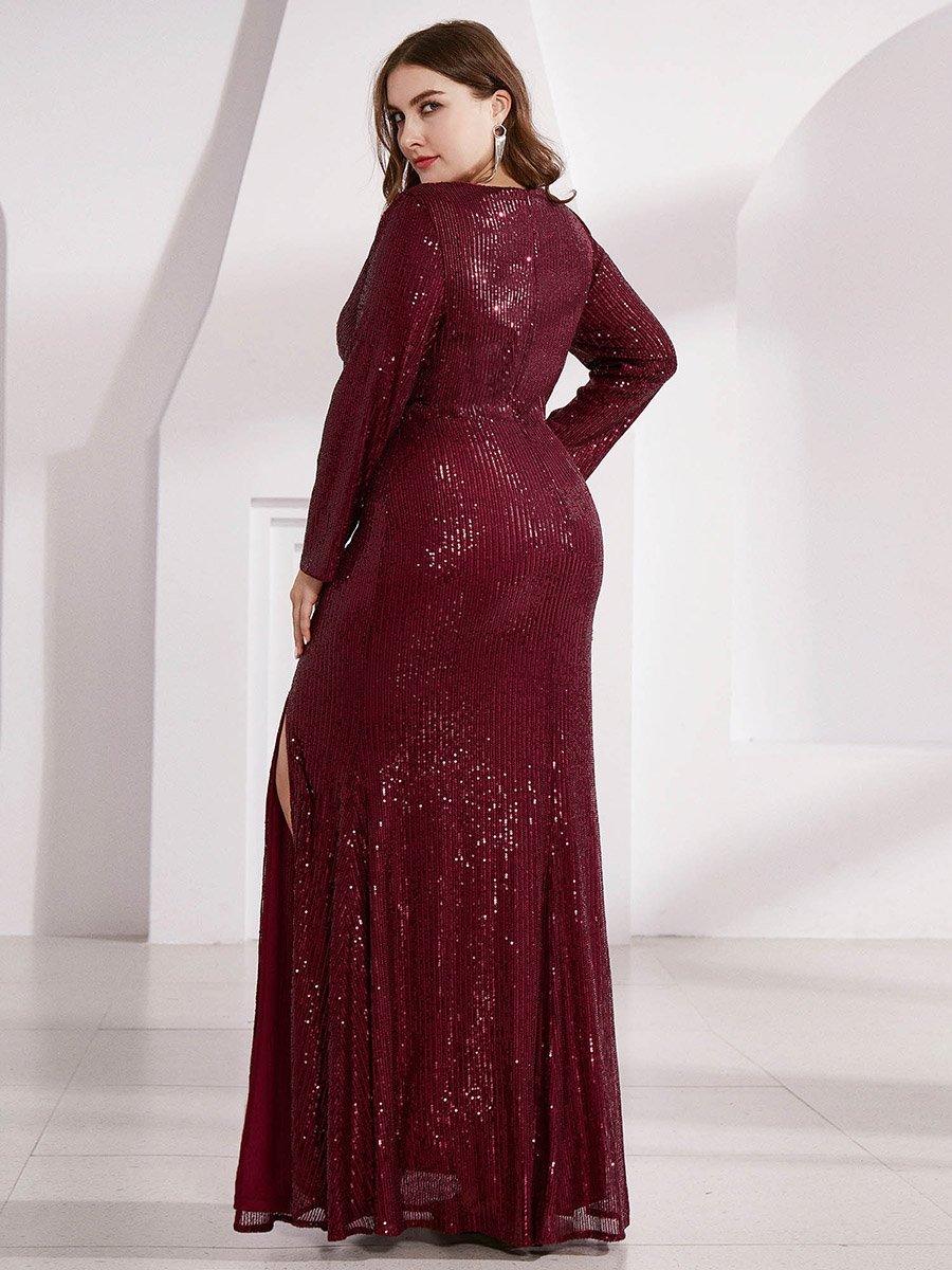 Robe de Soirée Brillante à Paillettes et Col en V avec Fente #Couleur_Bordeaux