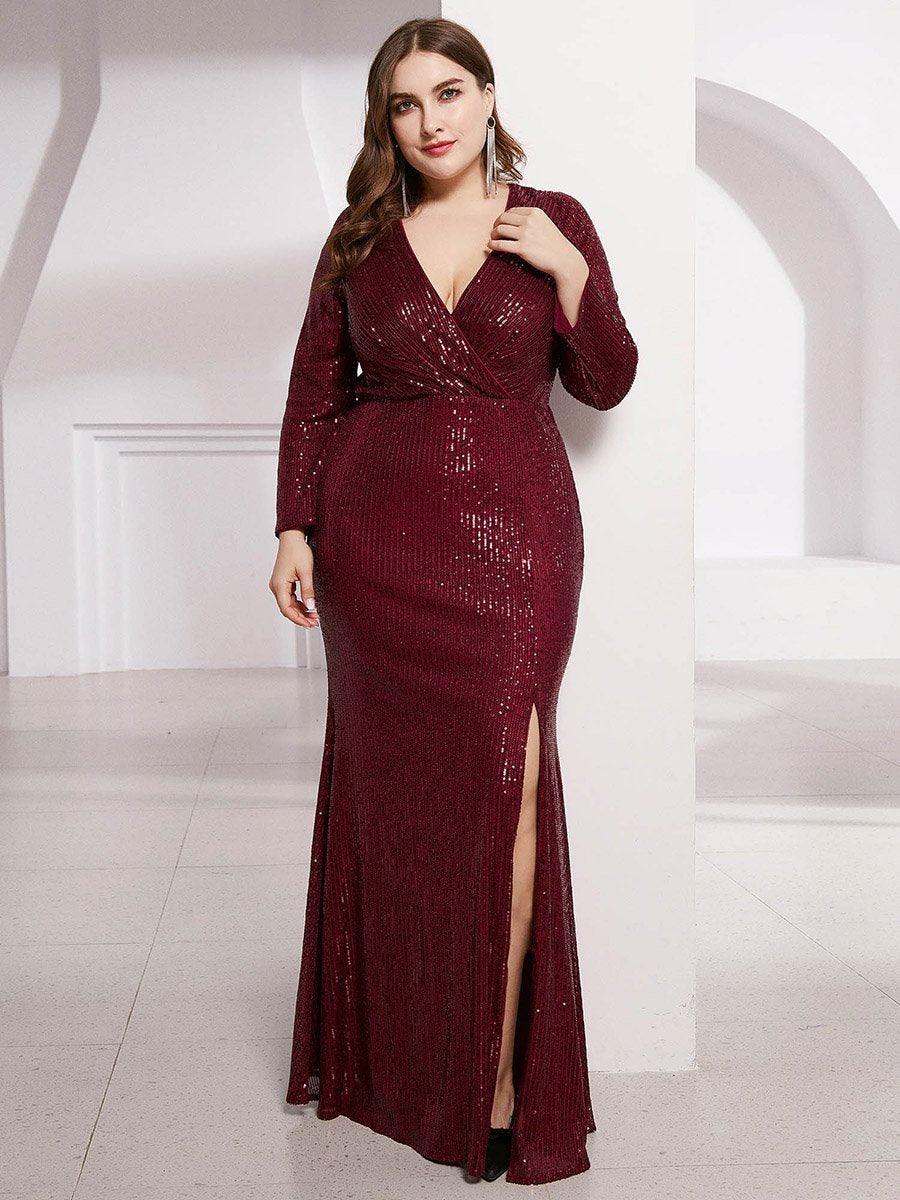 Robe de Soirée Grande Taille Brillante à Paillettes avec Fente #Couleur_Bordeaux