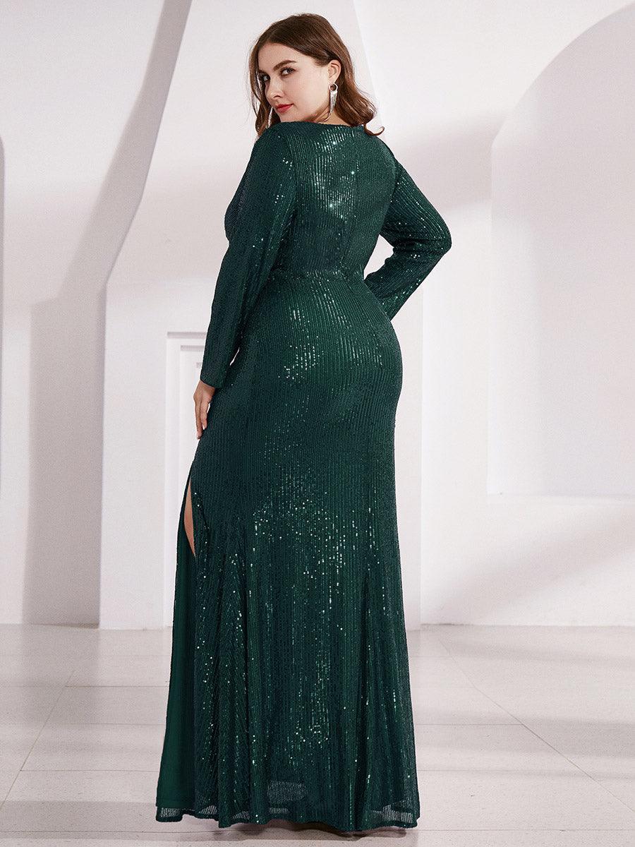 Robe de Soirée Brillante à Paillettes et Col en V avec Fente #Couleur_Vert Fonce