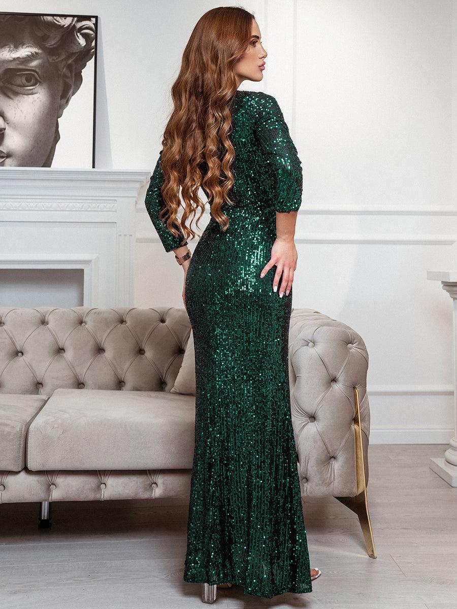 Robe de Soirée Brillante à Paillettes et Col en V avec Fente #Couleur_Vert Fonce