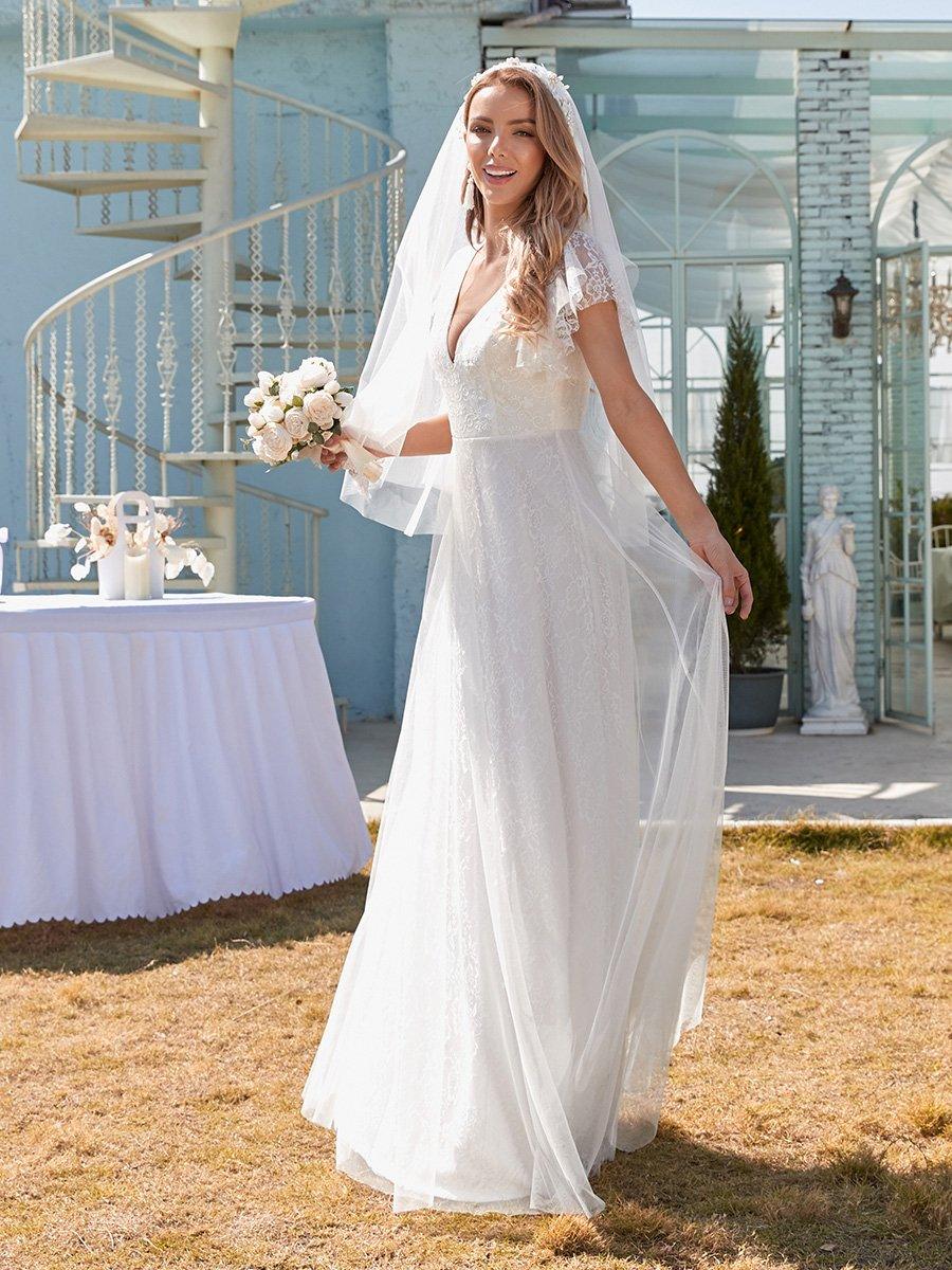 élégante robe de mariée longue en dentelle avec manches à volants #Couleur_Blanc