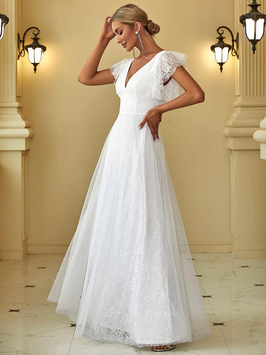 Robe de marie longue en dentelle avec manches volants et col V double #Couleur_Blanc