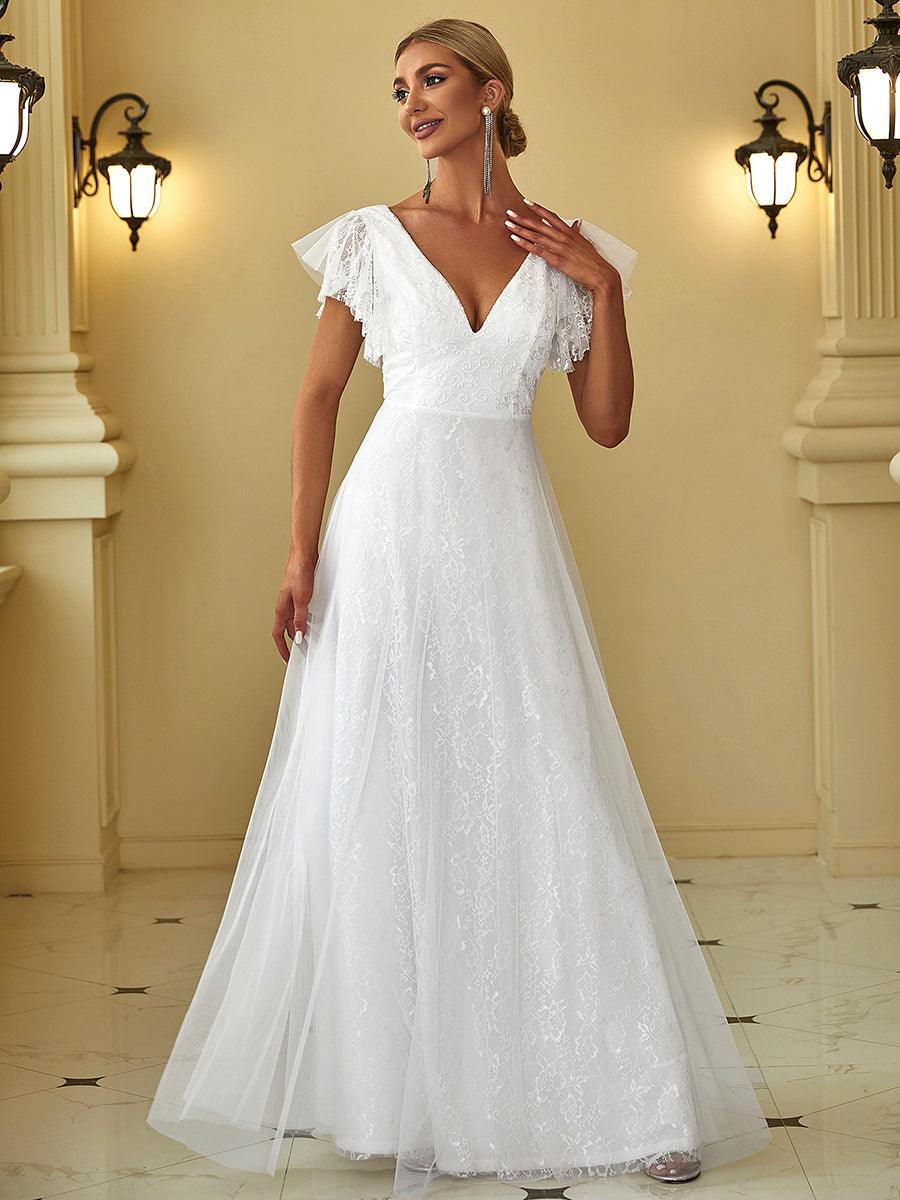 Robe de marie longue en dentelle avec manches volants et col V double #Couleur_Blanc