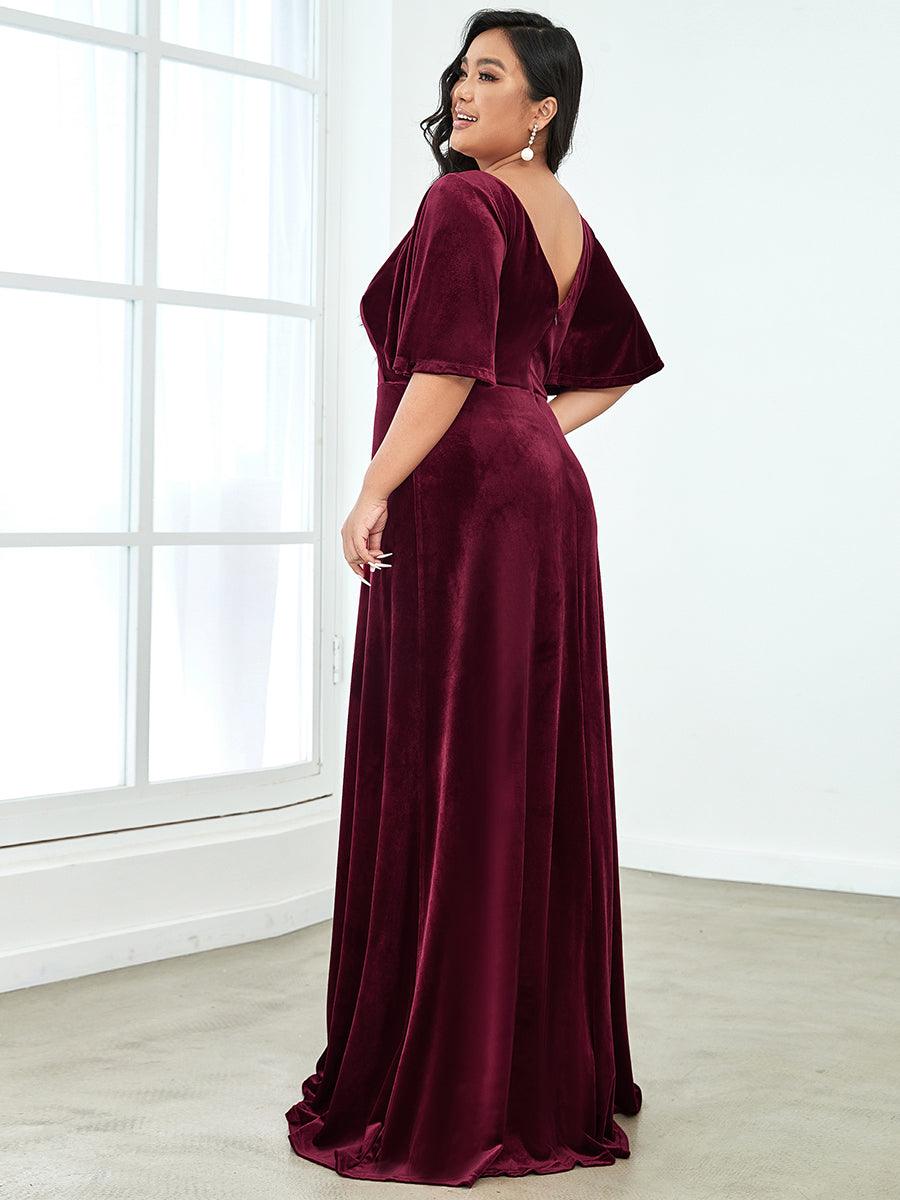Robe de Soirée Longue élégante en Velours à Col en V Pour Femmes #Couleur_Bordeaux