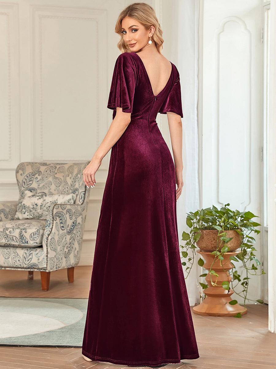 Robe de Soirée Longue élégante en Velours à Col en V Pour Femmes #Couleur_Bordeaux