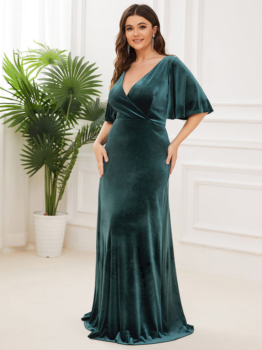 Robe de Soirée Longue élégante en Velours à Col en V Pour Femmes #Couleur_Vert Fonce