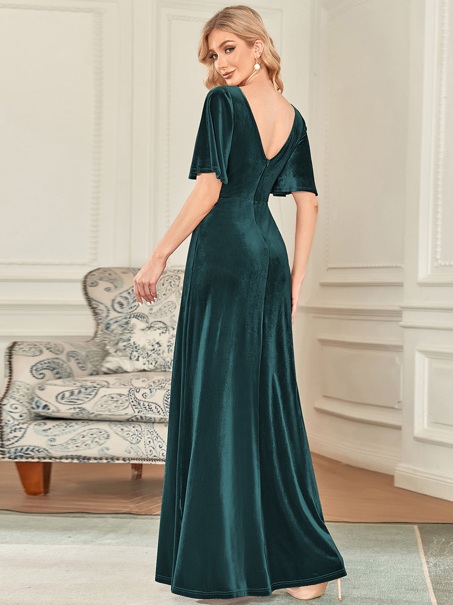 Robe de Soirée Longue élégante en Velours à Col en V Pour Femmes #Couleur_Vert Fonce
