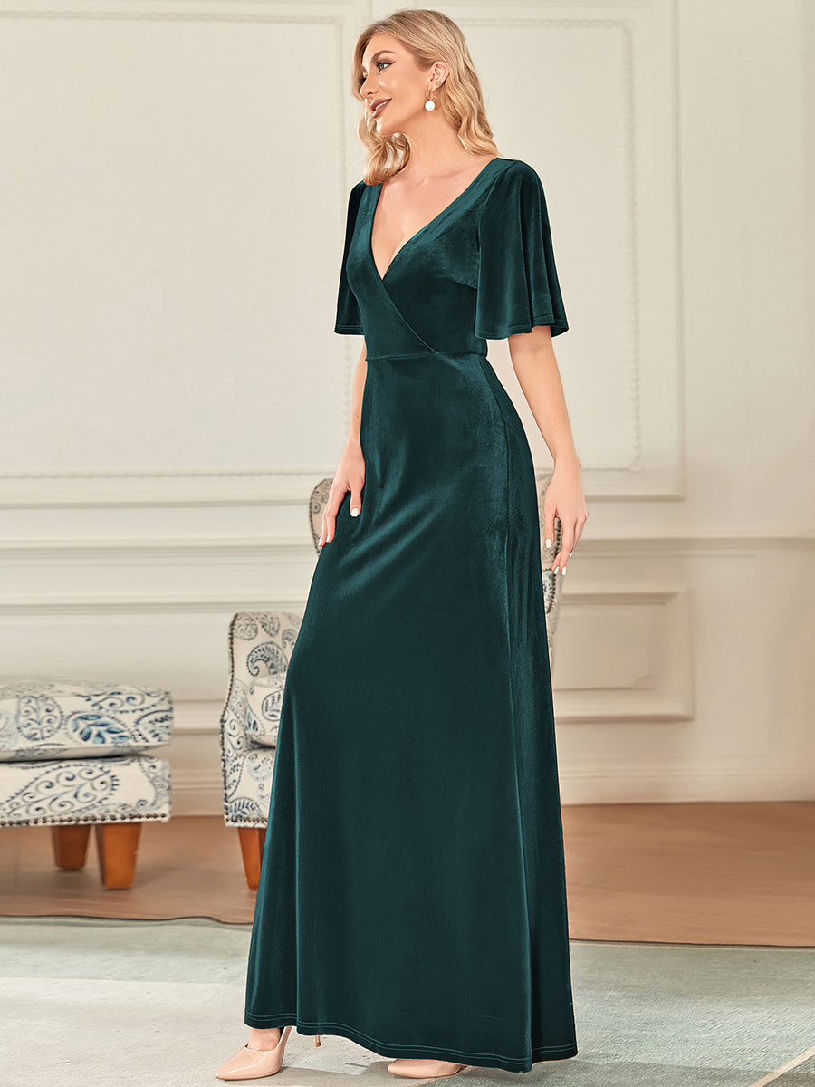 Robe de Soirée Longue élégante en Velours à Col en V Pour Femmes #Couleur_Vert Fonce