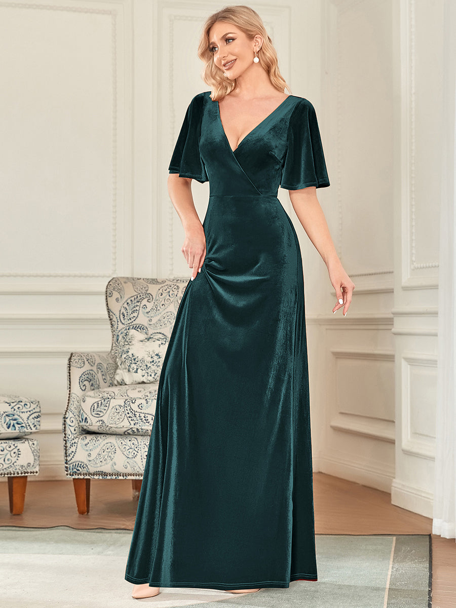 Robe de Soirée Longue élégante en Velours à Col en V Pour Femmes #Couleur_Vert Fonce