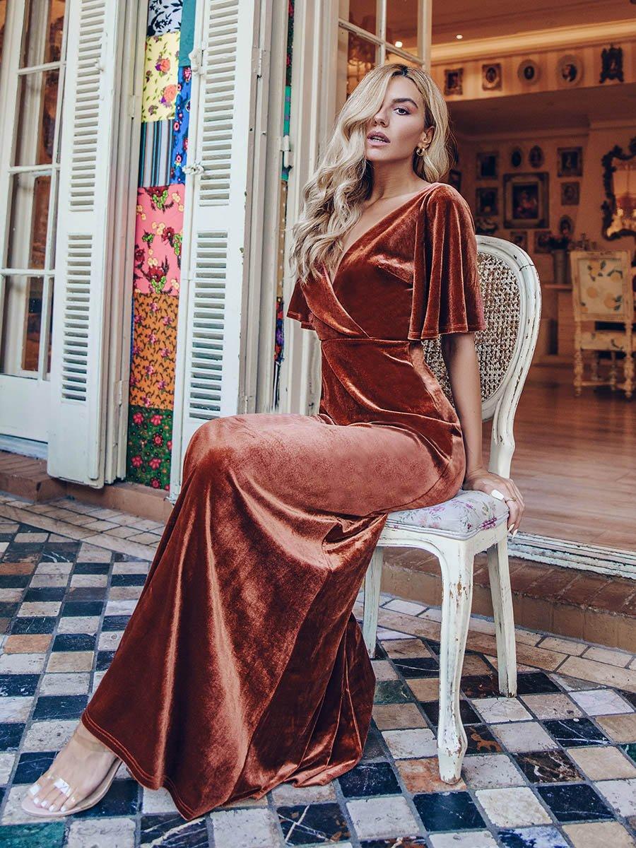 Robe de Soirée Longue élégante en Velours à Col en V Pour Femmes #Couleur_Rouge Brique