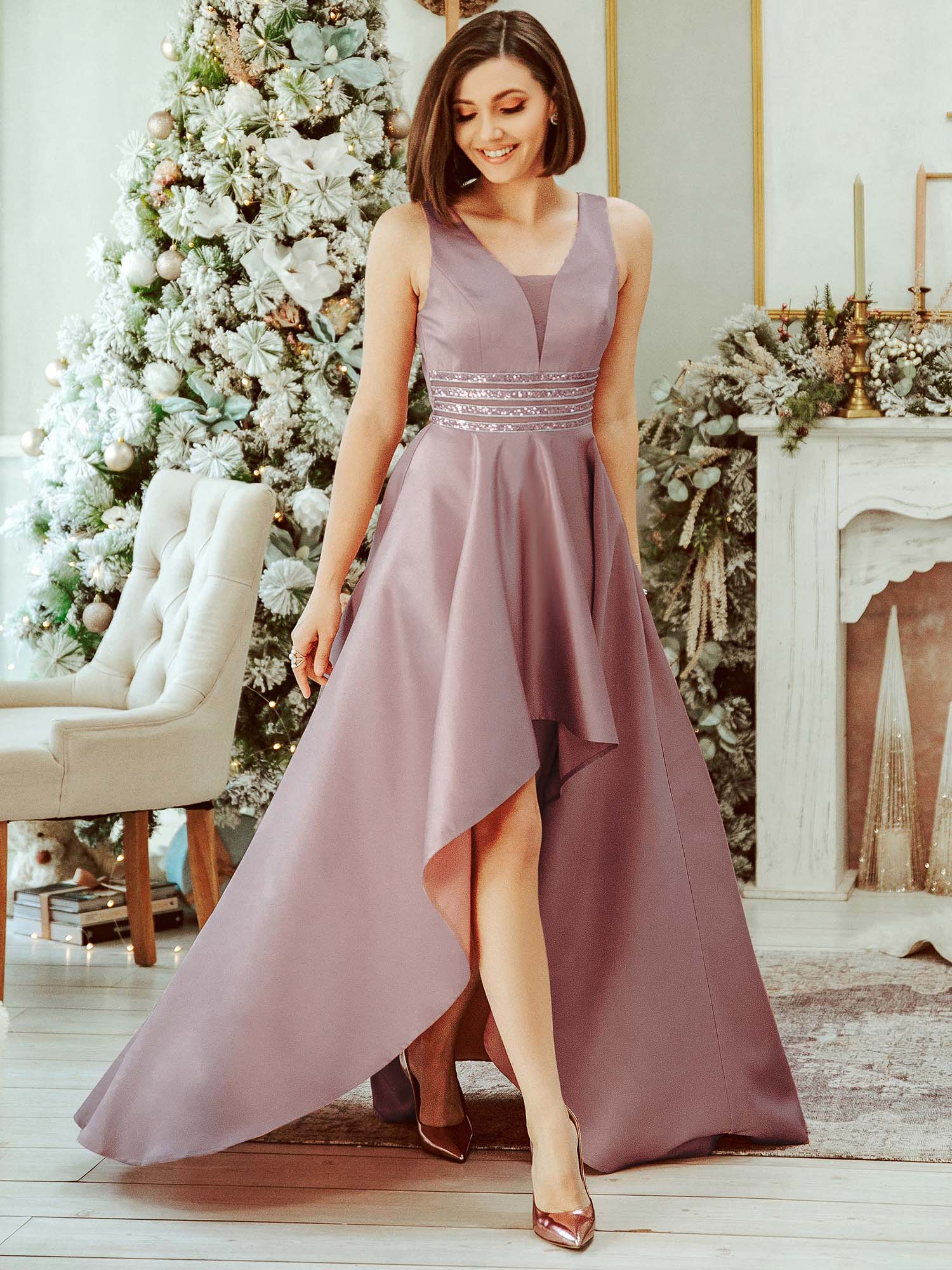 Robes de cocktail asymétriques à col V pour femmes #Couleur_Bordeaux Robes de cocktail asymétriques à col V pour femmes