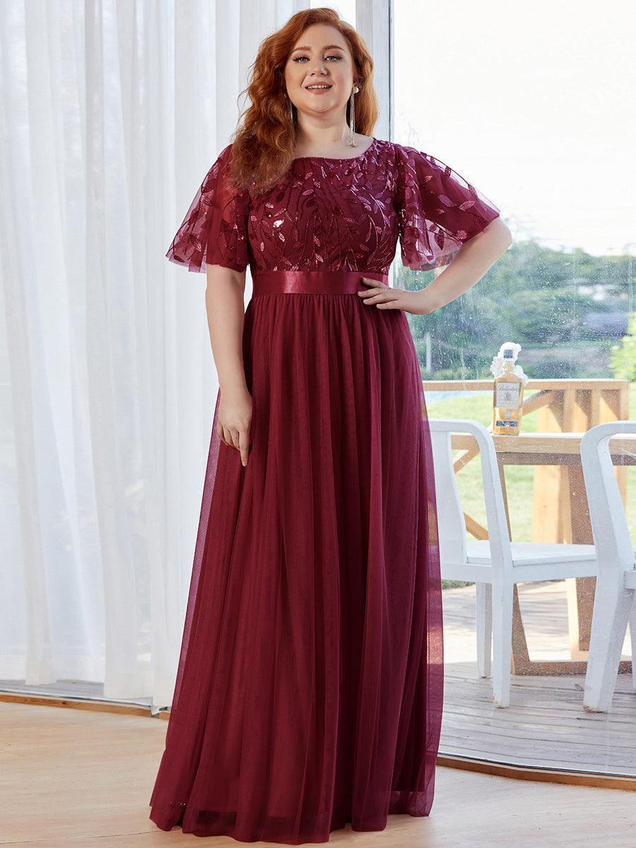 Robes de soirée brodées à manches courtes A-Line pour femmes #Couleur_Bordeaux