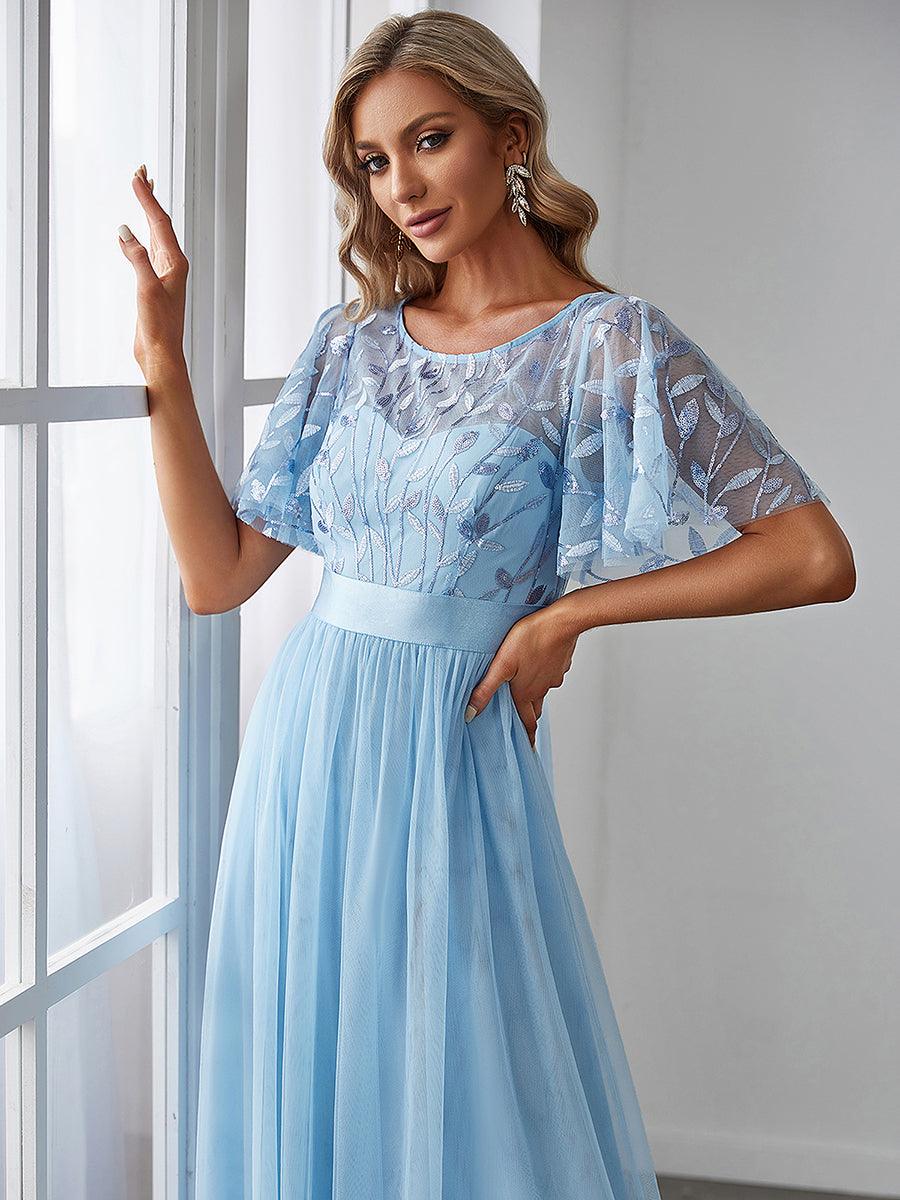 Robes de soirée brodées à manches courtes A-Line pour femmes #Couleur_Bleu Ciel