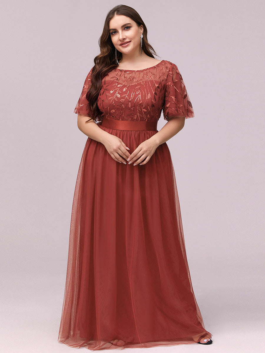 Robes de soirée brodées à manches courtes A-Line pour femmes #Couleur_Burnt Orange