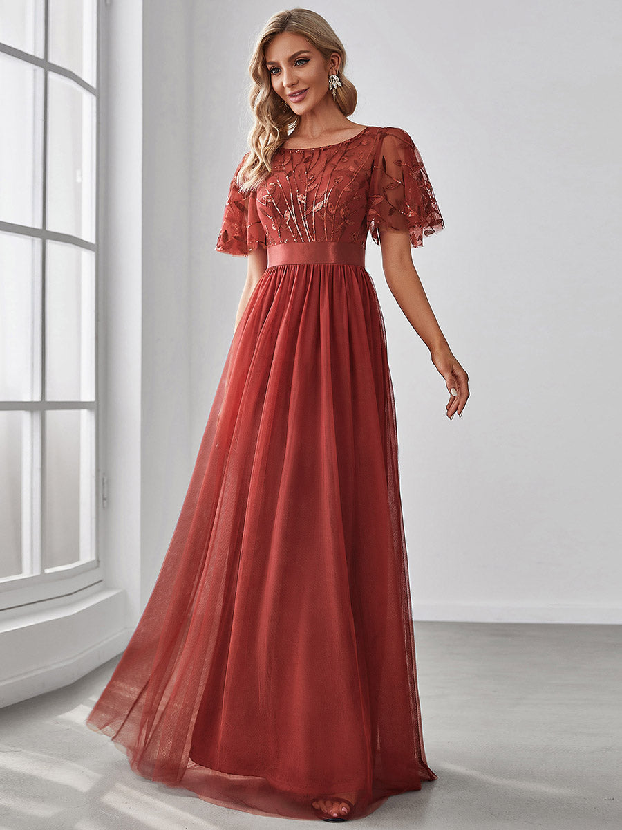 Robes de soirée brodées à manches courtes A-Line pour femmes #Couleur_Burnt Orange