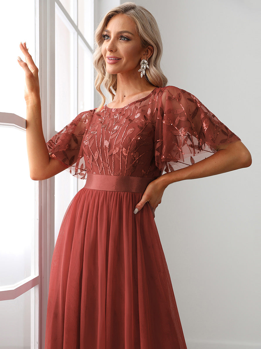 Robes de soirée brodées à manches courtes A-Line pour femmes #Couleur_Burnt Orange