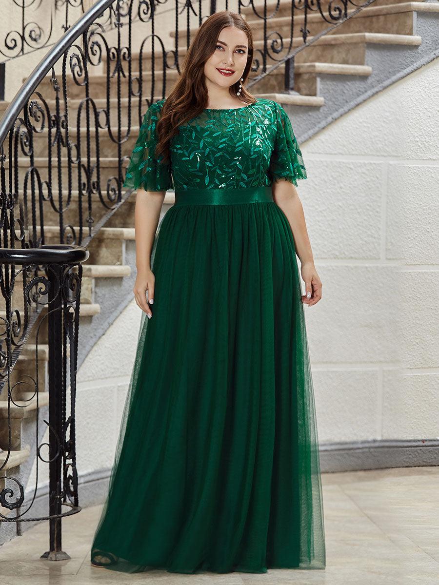 Robes de soirée brodées à manches courtes A-Line pour femmes #Couleur_Vert Fonce