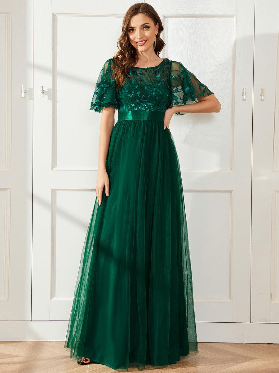 Robes de soirée brodées à manches courtes A-Line pour femmes #Couleur_Vert Fonce