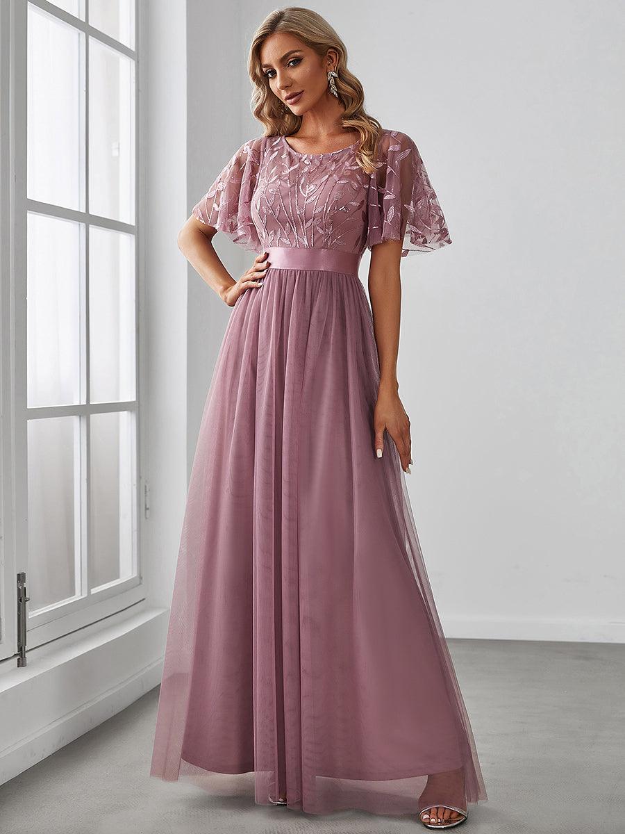 Robes de soirée brodées à manches courtes A-Line pour femmes #Couleur_Orchidee