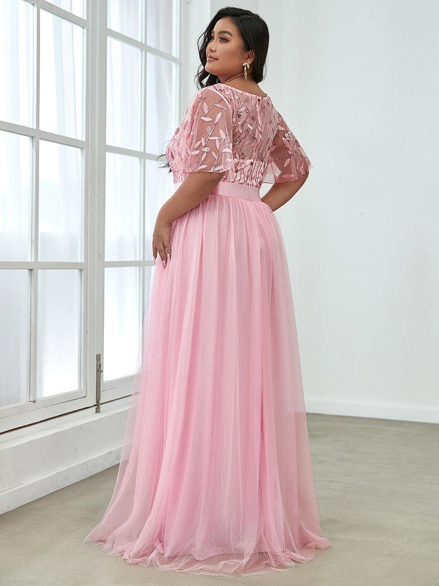 Robes de soirée brodées à manches courtes A-Line pour femmes #Couleur_Rose