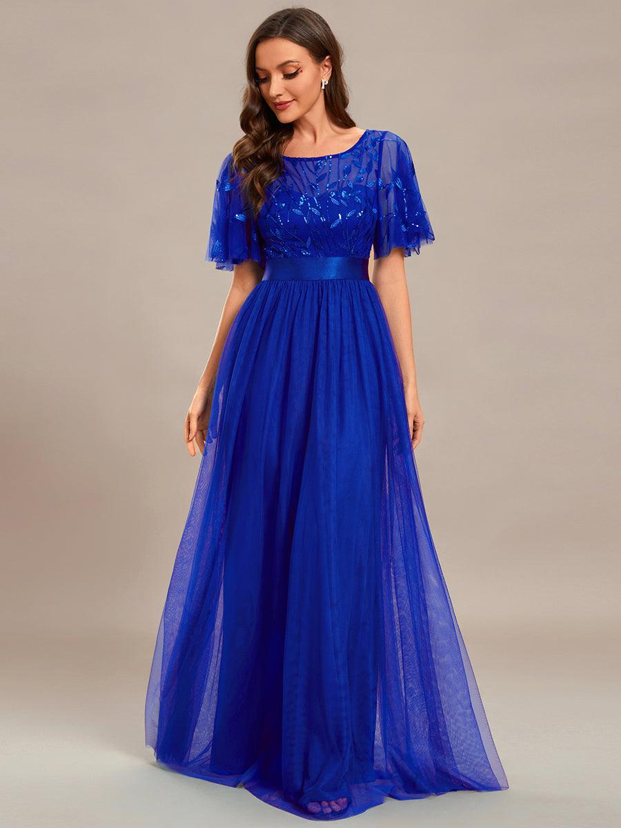 Robes de soirée brodées à manches courtes A-Line pour femmes #Couleur_Bleu Saphir