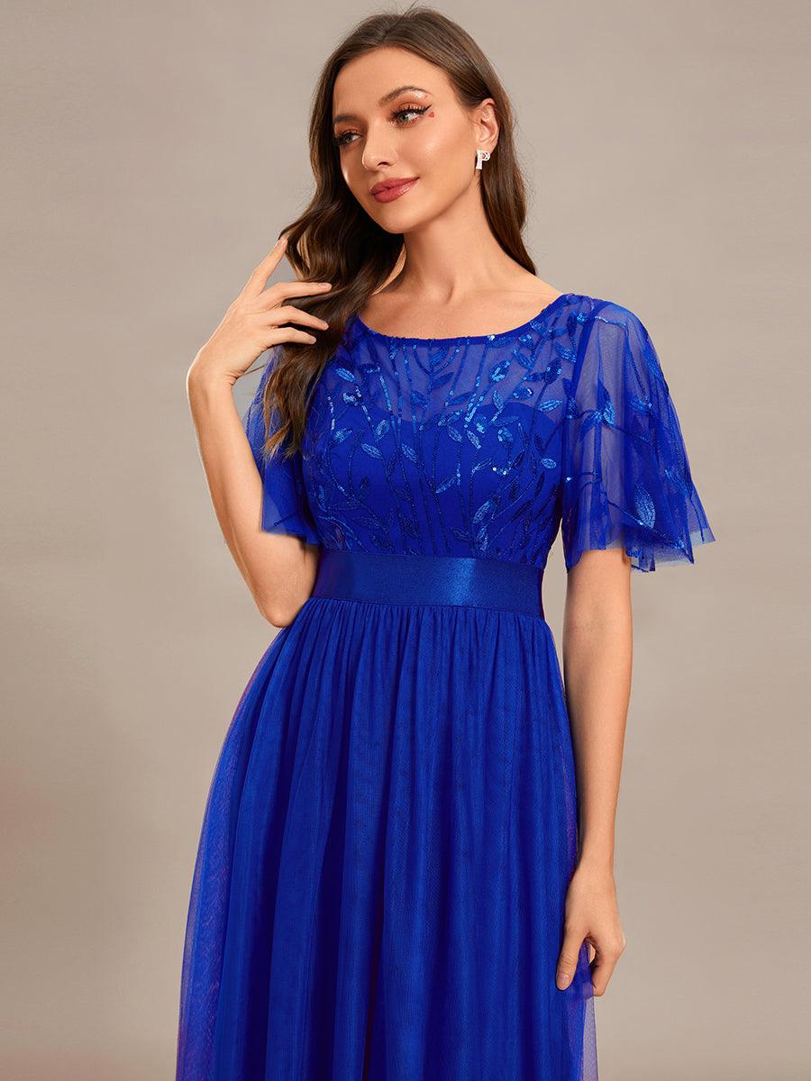 Robes de soirée brodées à manches courtes A-Line pour femmes #Couleur_Bleu Saphir