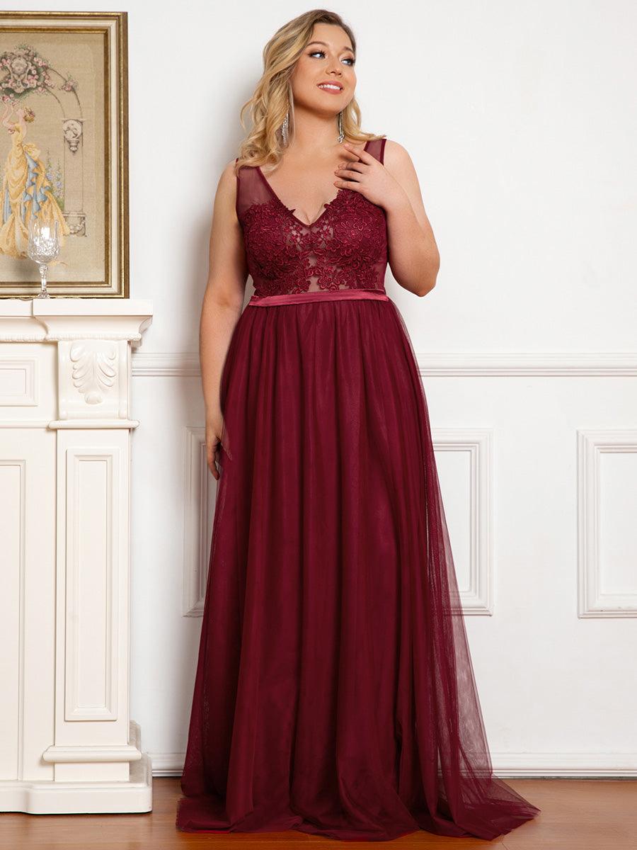 Robe Demoiselle d'Honneur Longue en Dentelle Florale à Col en V #Couleur_Bordeaux