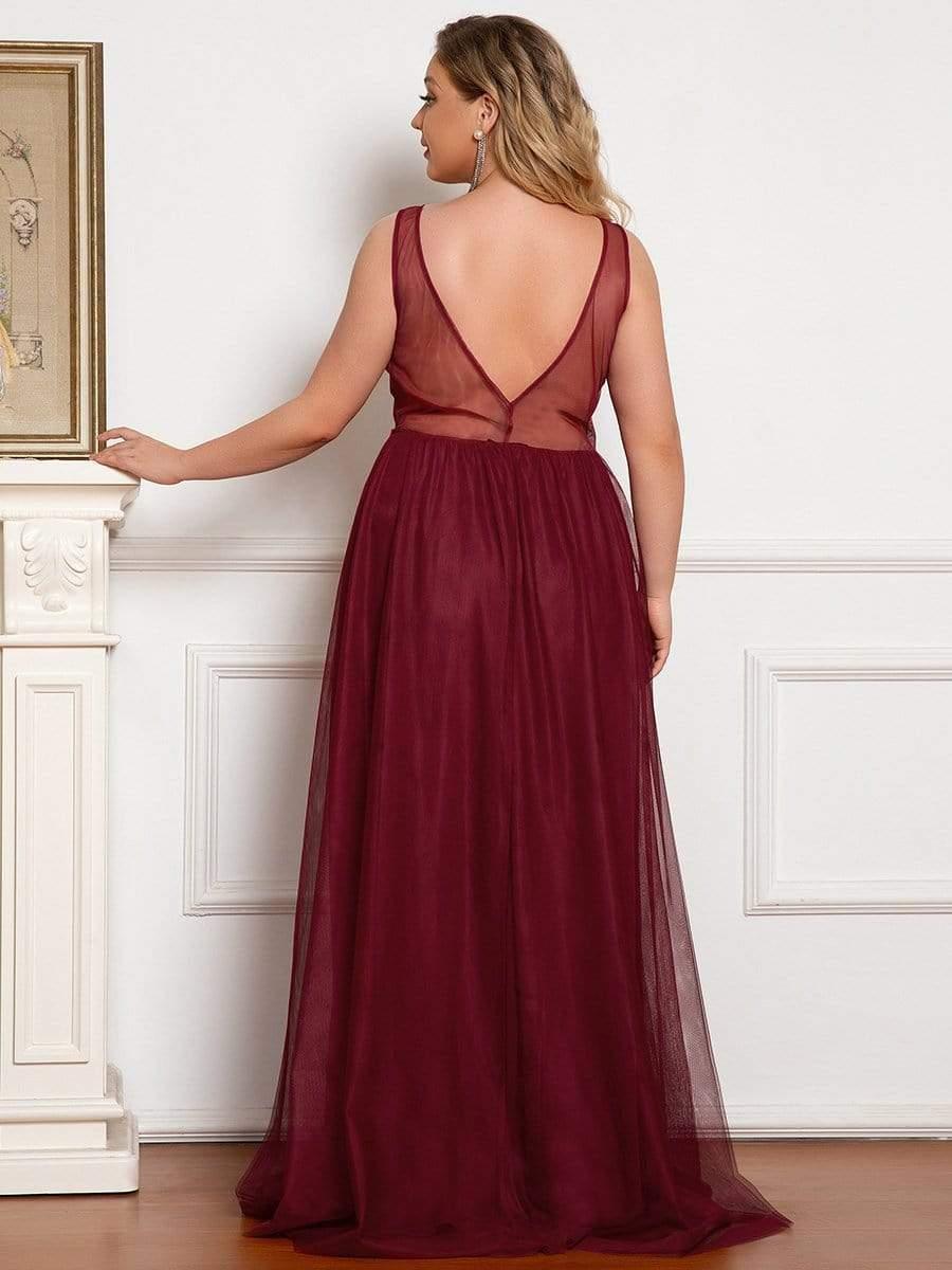 Robe de demoiselle d'honneur avec appliques en dentelle florale et col en V pour femmes de grande taille #Couleur_Bordeaux