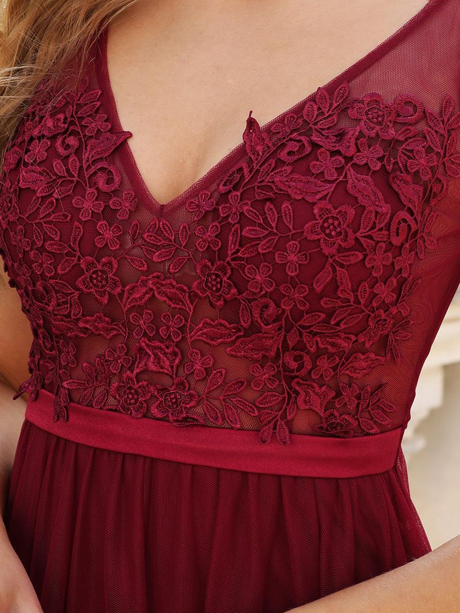 Robe Demoiselle d'Honneur Longue en Dentelle Florale à Col en V #Couleur_Bordeaux