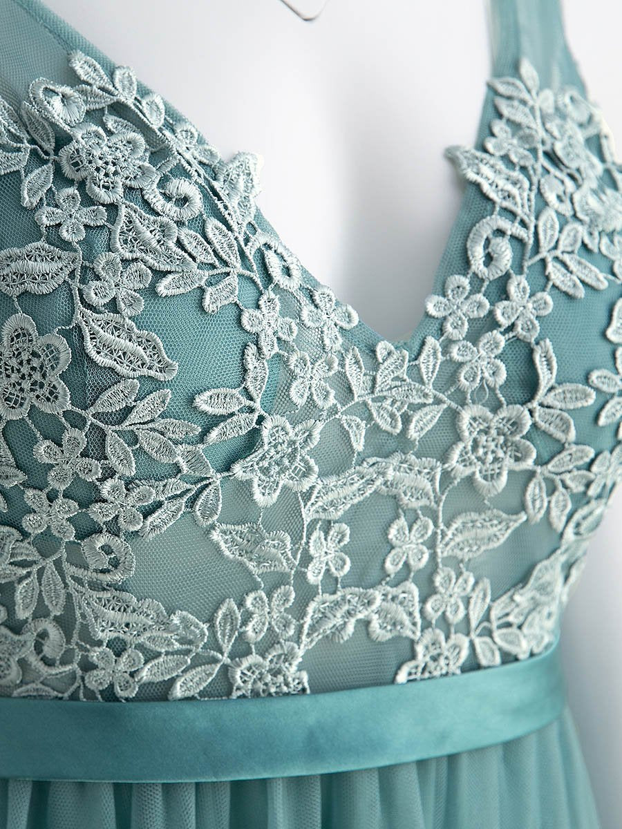 Taille personnalisée Robe Demoiselle d'Honneur Longue en Dentelle Florale #Couleur_Bleu Fume Taille personnalisée Robe Demoiselle d'Honneur Longue en Dentelle Florale