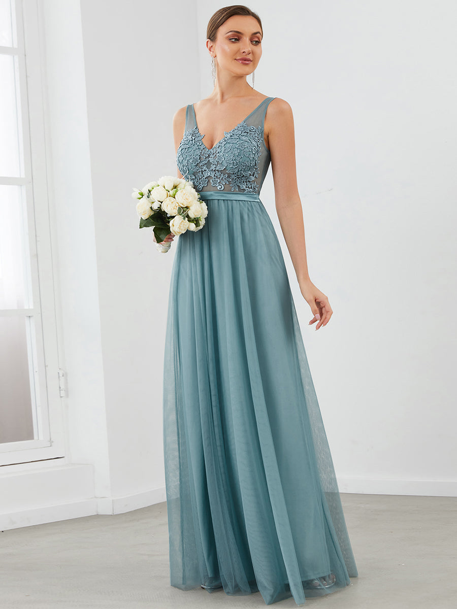 Taille personnalisée Robe Demoiselle d'Honneur Longue en Dentelle Florale #Couleur_Bleu Fume Taille personnalisée Robe Demoiselle d'Honneur Longue en Dentelle Florale